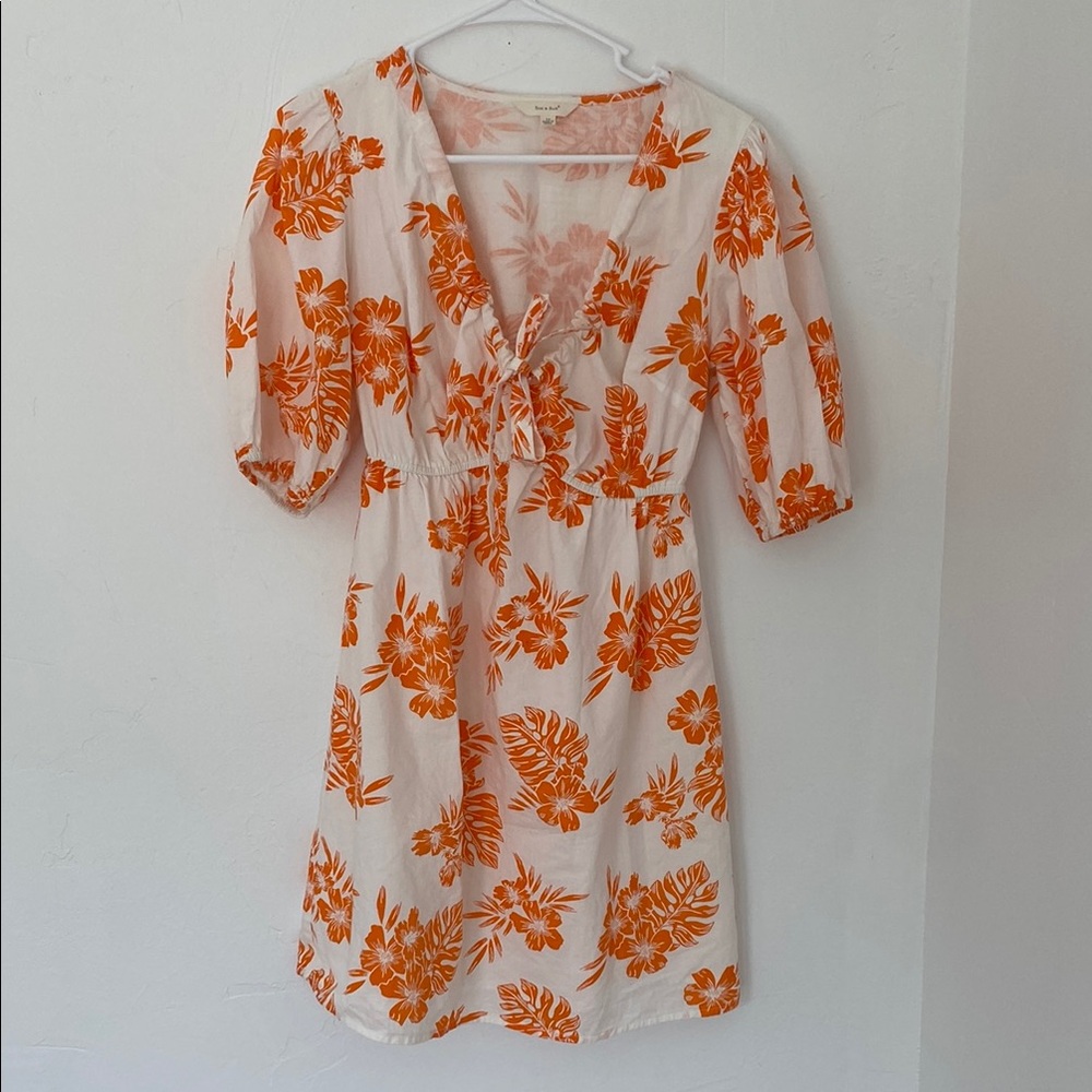 Orange and White Ruched Puff Sleeve Mini Sundress